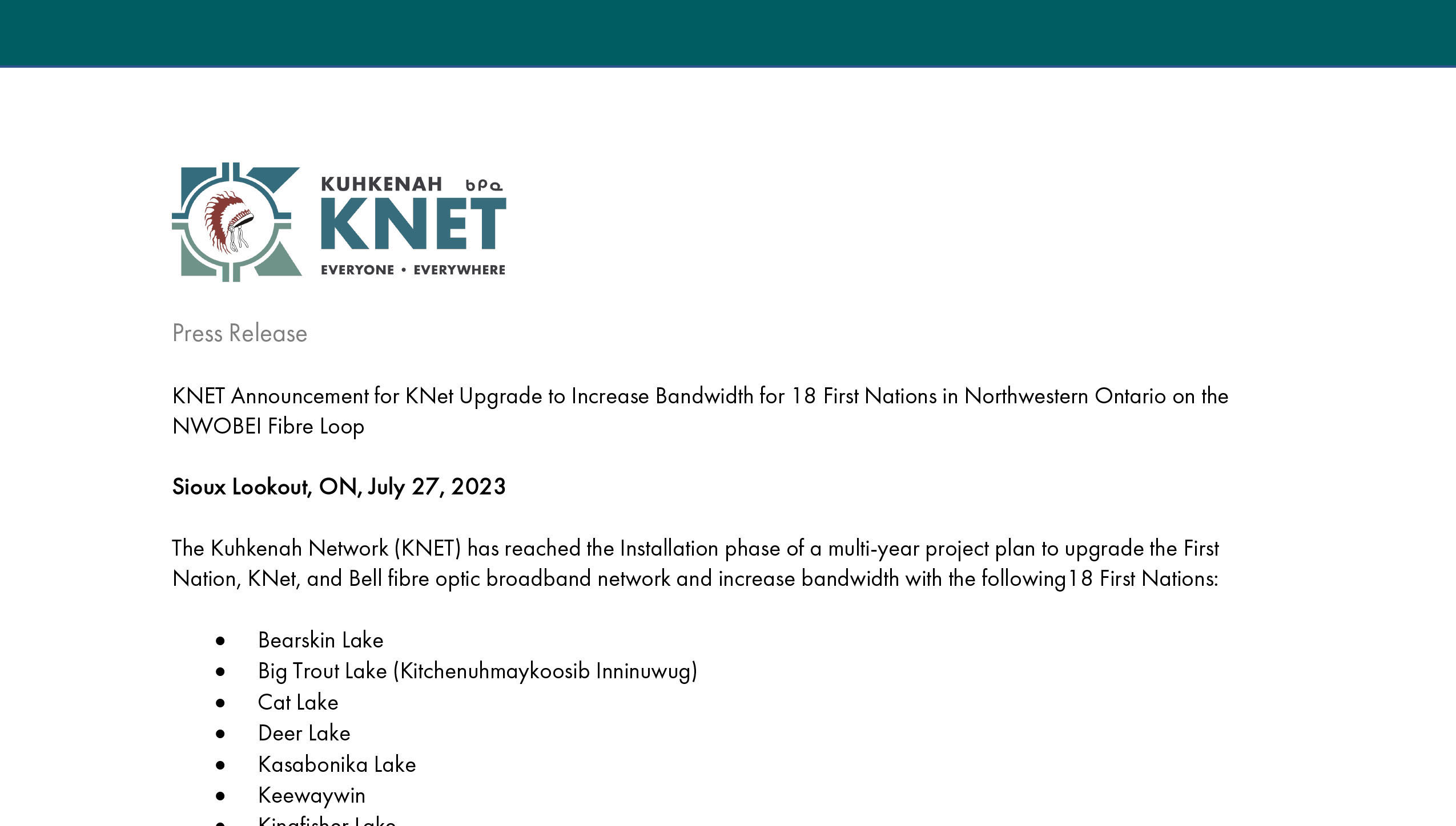 KNET Announcement for KNet Upgrade to Increase Bandwidth for 18 First Nations in Northwestern Ontario on the NWOBEI Fibre Loop​